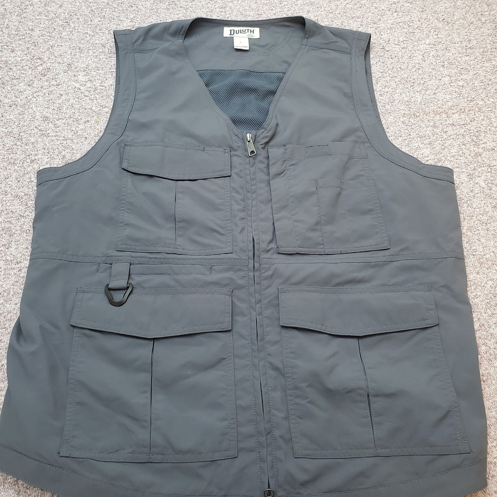 Duluth Trading Co Vest Mens Large Gray Utility Travel Fishing Multi Pocket Mesh
